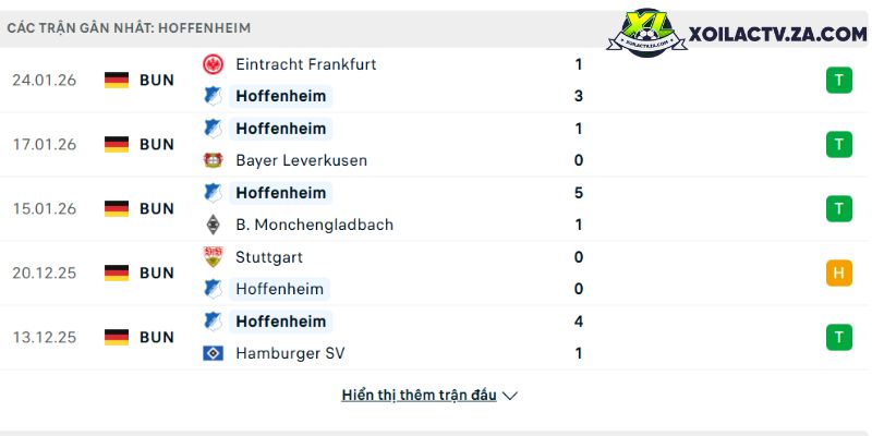 Phong độ của Hoffenheim Phong độ của Hoffenheim