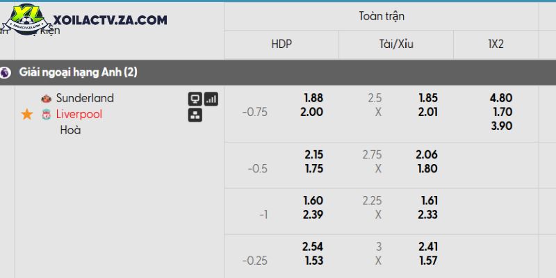 Tỷ lệ kèo Sunderland vs Liverpool Tỷ lệ kèo Sunderland vs Liverpool