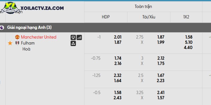 Tỷ lệ kèo Man United vs Fulham Tỷ lệ kèo Man United vs Fulham