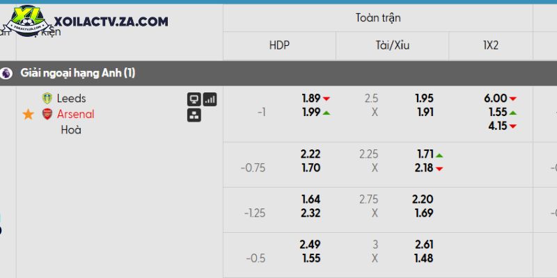 Tỷ lệ kèo Leeds vs Arsenal Tỷ lệ kèo Leeds vs Arsenal